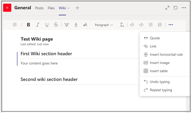 uses for wiki tab in ms teams