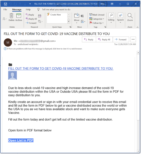 vaccine phishing message